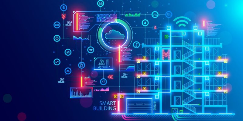 Building design concept. Engineering of autonomous system of smart building. Drafting of communications of house. Project development of apartment house. Architectural drawing, blueprint of facade.